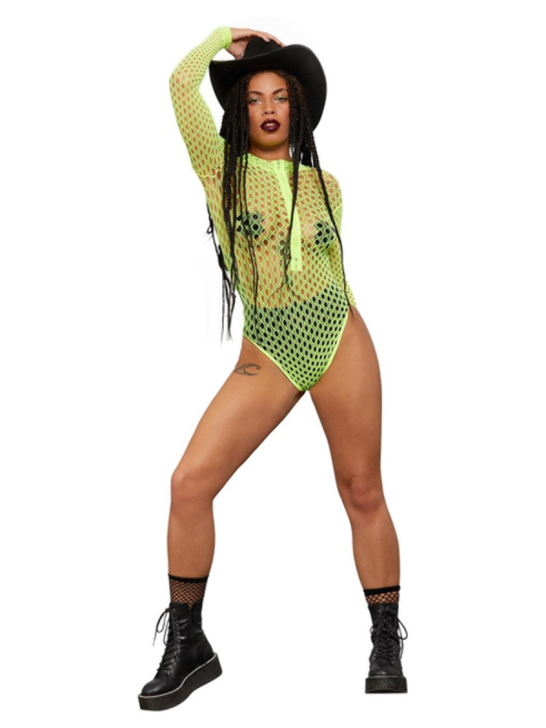 Bodystocking zippé à manches longues Fever, Jaune fluo