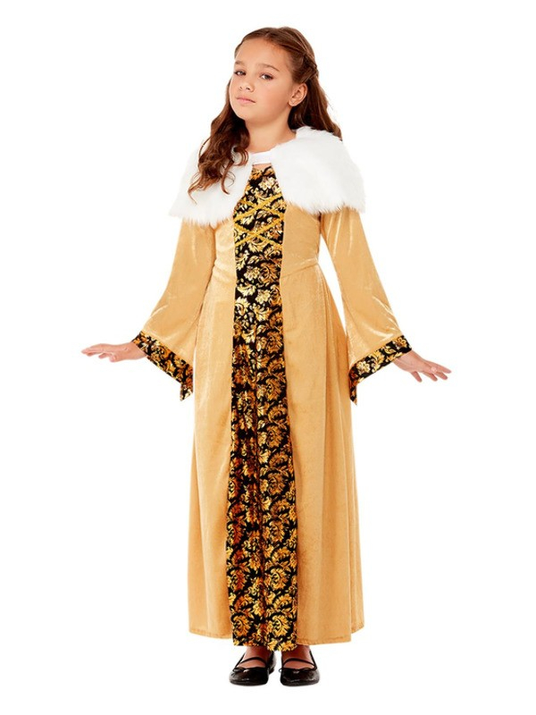 Déguisement de comtesse médiévale de luxe, Or, Robe et Capelet