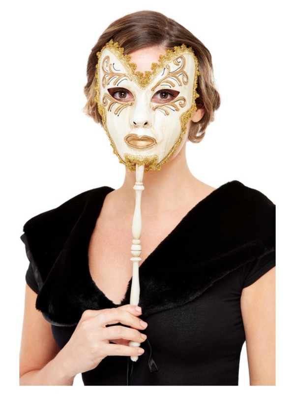 Masque vénitien, doré avec Bâton portable