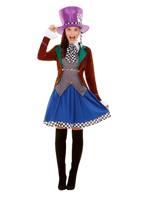 Déguisement chapelière multicolore (veste, gilet fixe, jupe et chapeau)