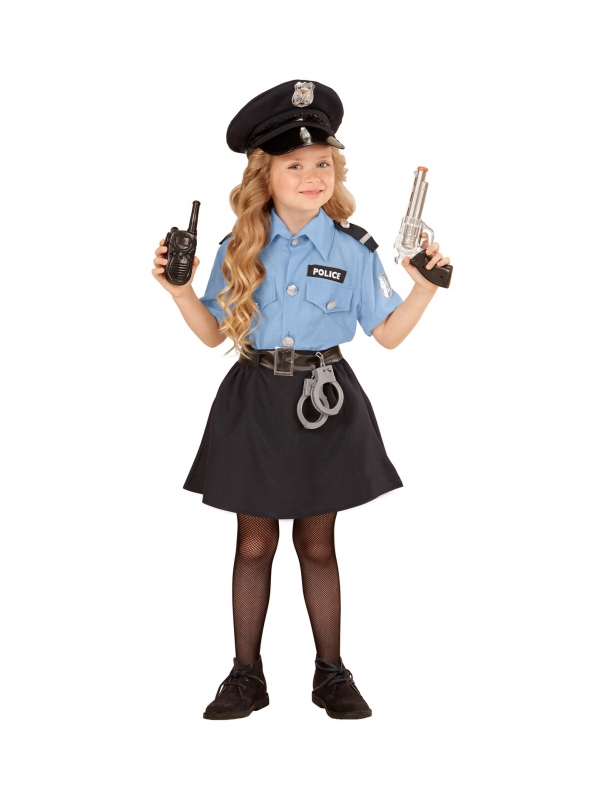Déguisement Policière bleu et noir, fille (chemise, jupe, ceinture, casquette)