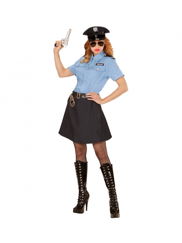 Déguisement Policière Femme bleu et noir (chemise, jupe, ceinture, casquette)