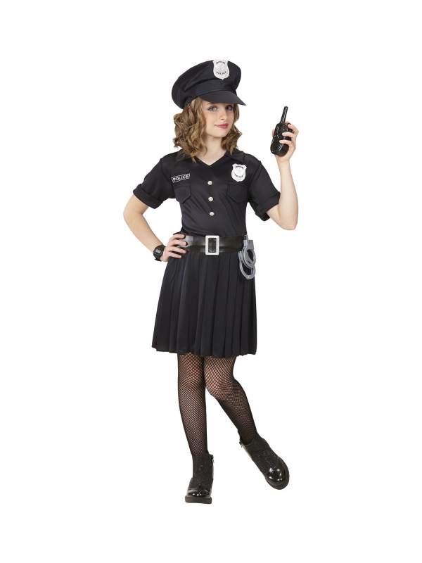 Déguisement Policière noir, fille (robe noire, ceinture, casquette)