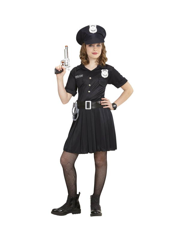 Déguisement Policière noir, fille (robe noire, ceinture, casquette)