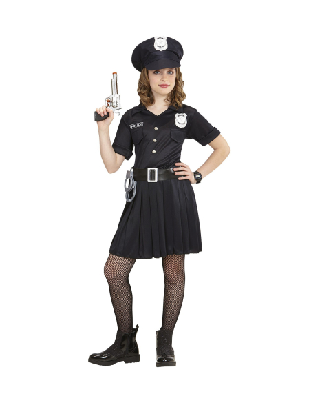 Déguisement Policière noir, fille (robe noire, ceinture, casquette)