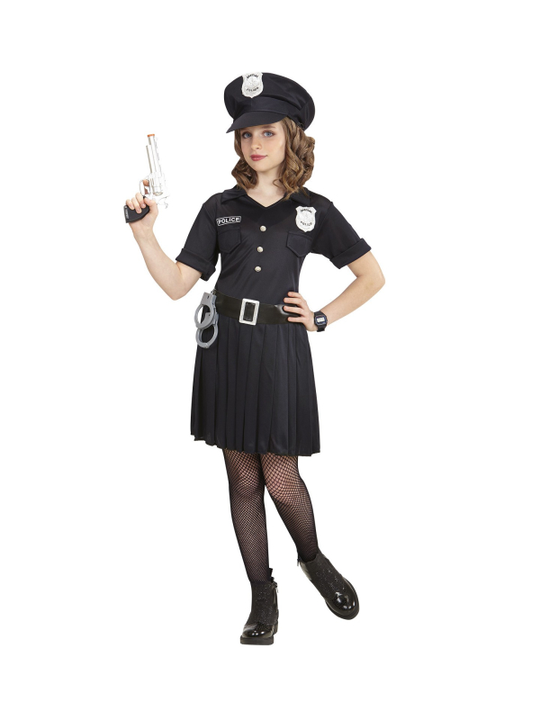 Déguisement Policière noir, fille (robe noire, ceinture, casquette)