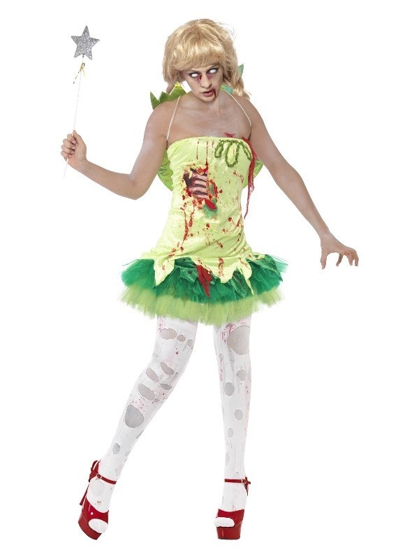 Déguisement fée zombie femme vert (robe tutu, poitrine en latex & ailes)