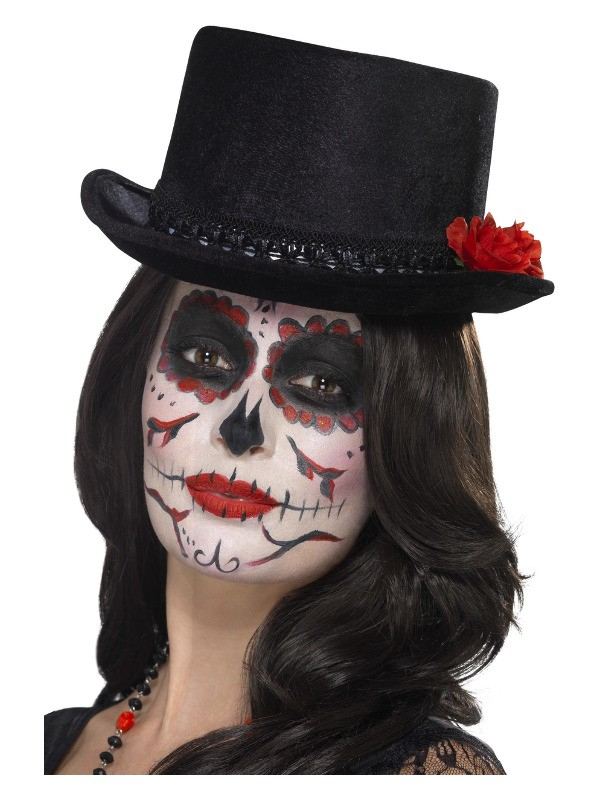 Chapeau haut de forme jour des morts noir avec une rose rouge pour adulte ( Mixte) | Accessoires