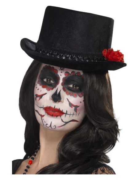 Chapeau haut de forme jour des morts noir avec une rose rouge pour adulte ( Mixte) | Accessoires