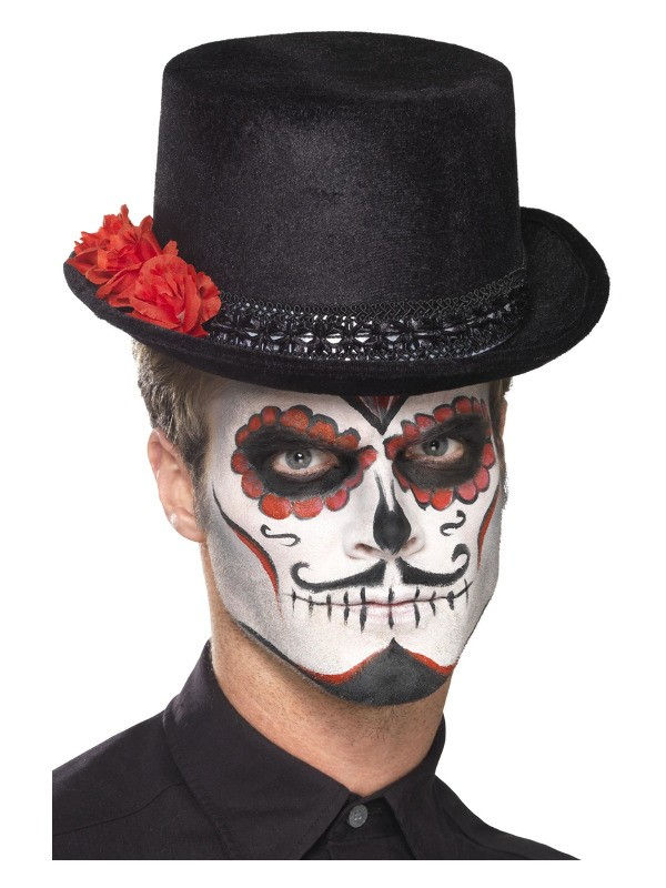 Chapeau haut de forme jour des morts noir avec une rose rouge pour adulte ( Mixte) | Accessoires