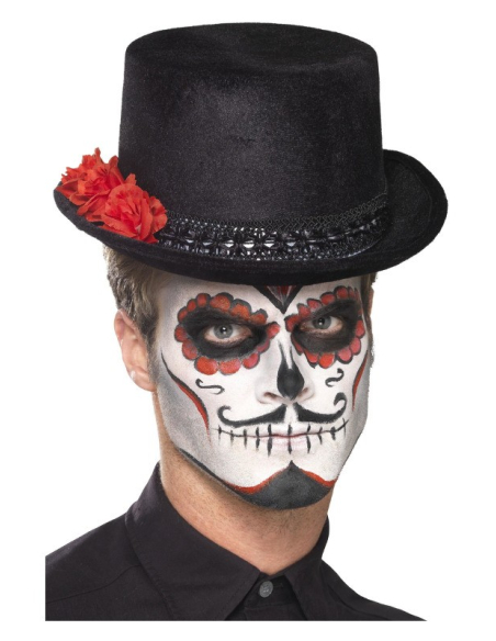 Chapeau haut de forme jour des morts noir avec une rose rouge pour adulte ( Mixte) | Accessoires
