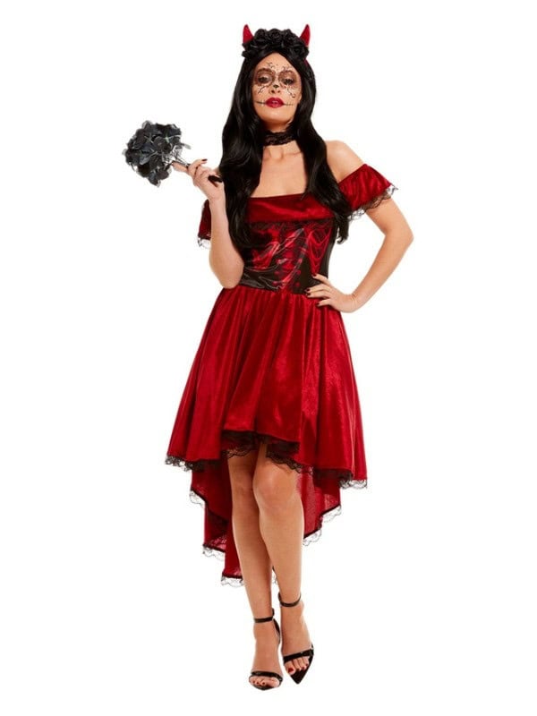 Déguisement jour des morts femme rouge (robe asymétrique et bandeau)