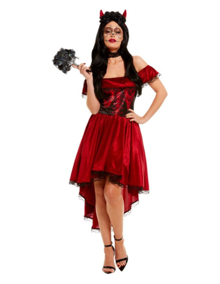 Déguisement jour des morts femme rouge (robe asymétrique et bandeau)