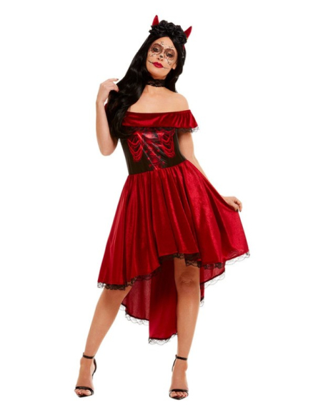 Déguisement jour des morts femme rouge (robe asymétrique et bandeau)
