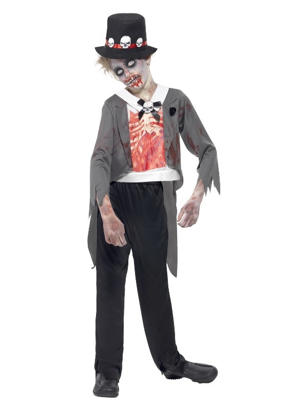 Déguisement mari‚é zombie garçon (veste, fausse chemise imprimée, pantalon & chapeau)