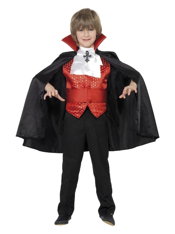 Déguisement dracula rouge et noir, garçon (cape, ceinture smoking, foulard et gilet) | Déguisement Enfant