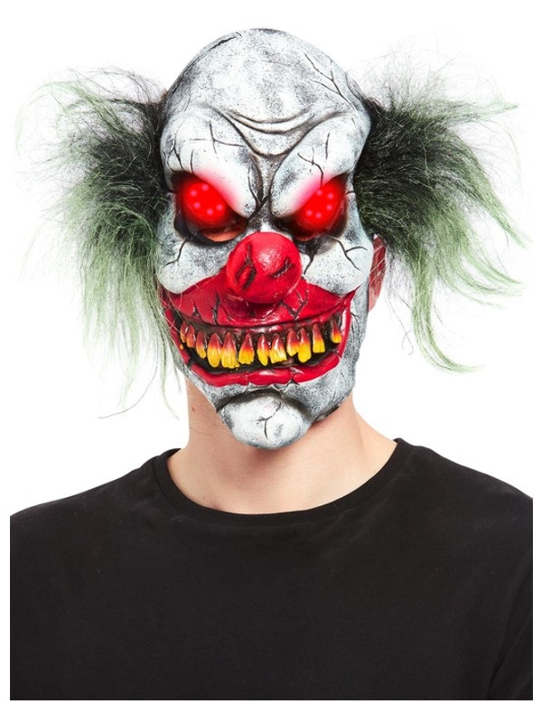 Masque tête de clown maléfique, latex, avec yeux qui s'éclairent