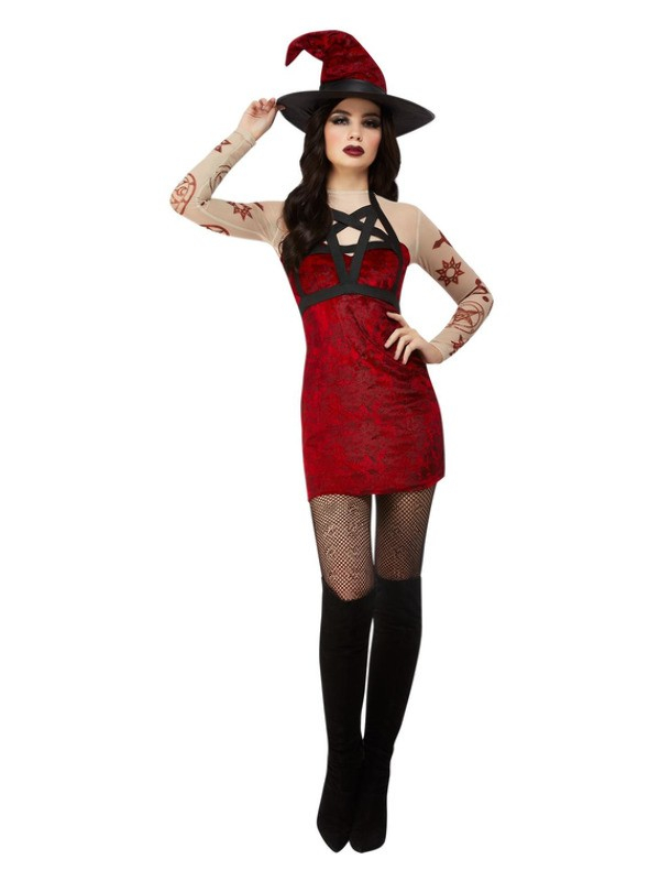 Déguisement sorcière satanique Fever, Rouge (Robe, chapeau et harnais d'épaule amovible)