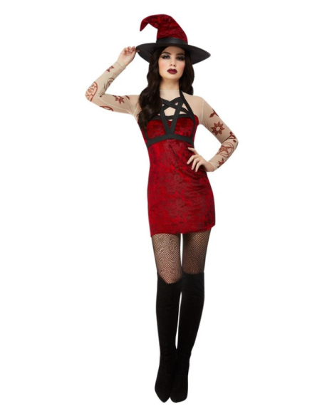 Déguisement sorcière satanique Fever, Rouge (Robe, chapeau et harnais d'épaule amovible)