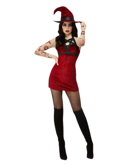 Déguisement sorcière satanique Fever, Rouge (Robe, chapeau et harnais d'épaule amovible)