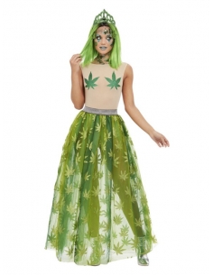 Déguisement de reine du cannabis, Vert (Body transparent, jupe et diadème)