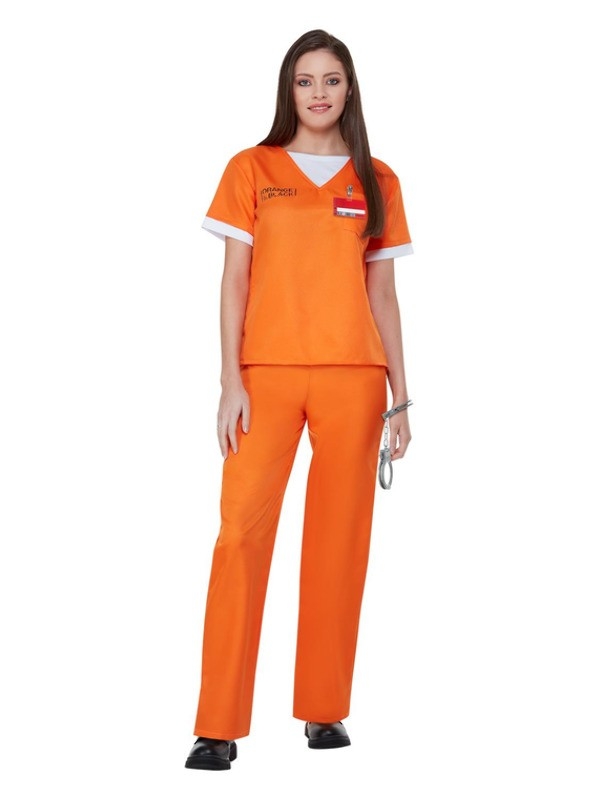 Déguisement de prison Orange (haut, pantalon, menottes et badge d'identification)