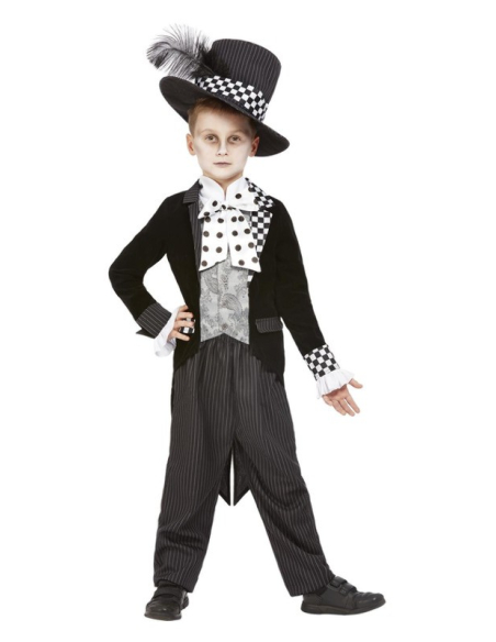 Déguisement de Chapelier Fou, Noir et blanc, Garçon (Veste, chemise et chapeau)