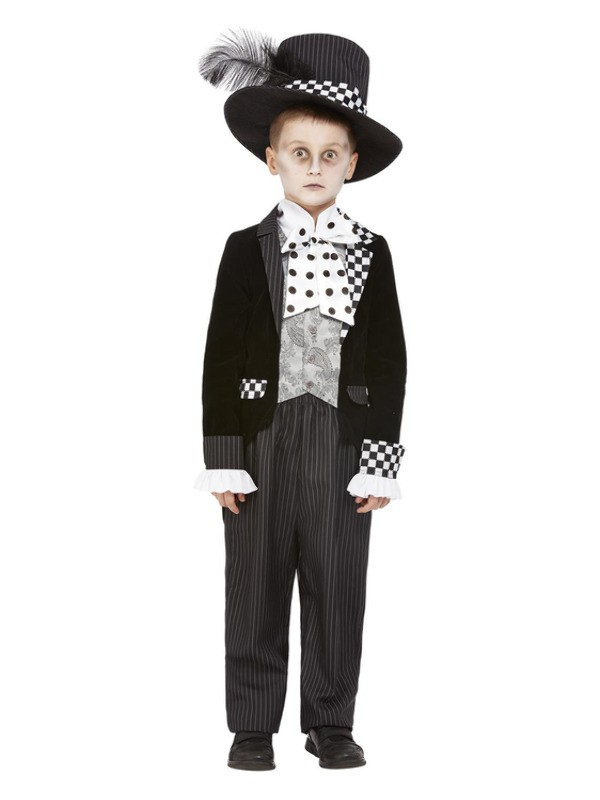 Déguisement de Chapelier Fou, Noir et blanc, Garçon (Veste, chemise et chapeau)