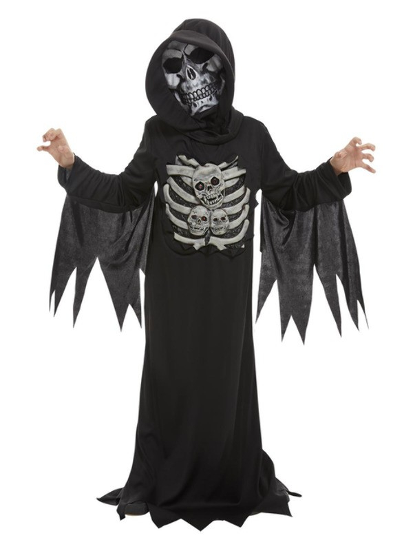 Déguisement de la Faucheuse de la mort, squelette, enfant (costume avec capuche et masque)