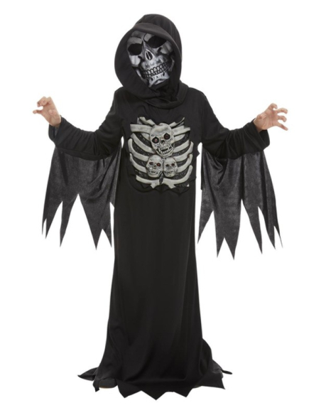 Déguisement de la Faucheuse de la mort, squelette, enfant (costume avec capuche et masque)