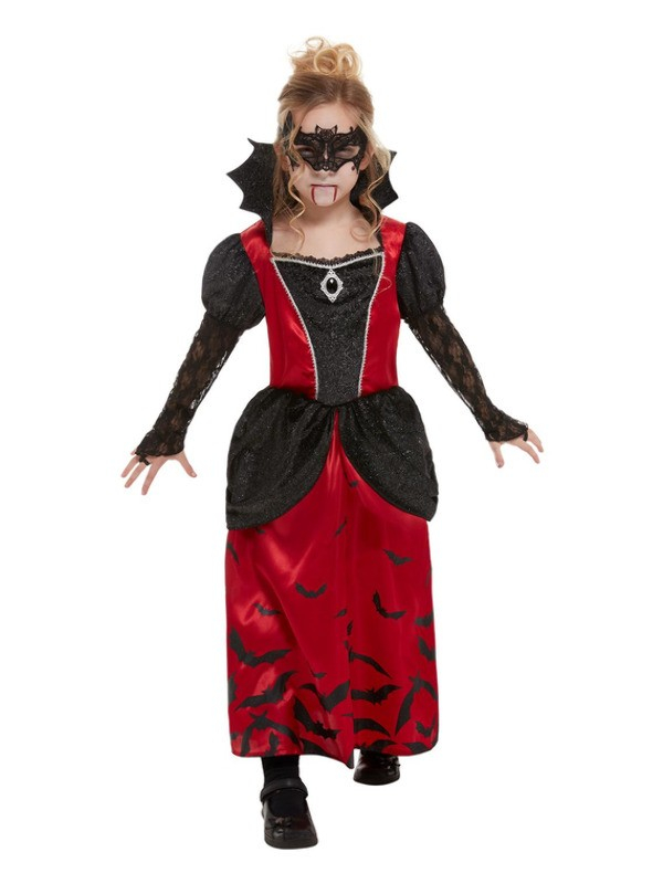 Déguisement de Vampire fille, rouge et noir (robe et loup pour les yeux)