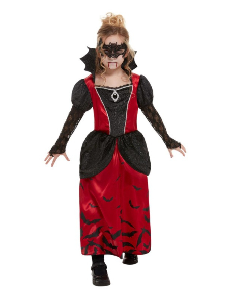 Déguisement de Vampire fille, rouge et noir (robe et loup pour les yeux)