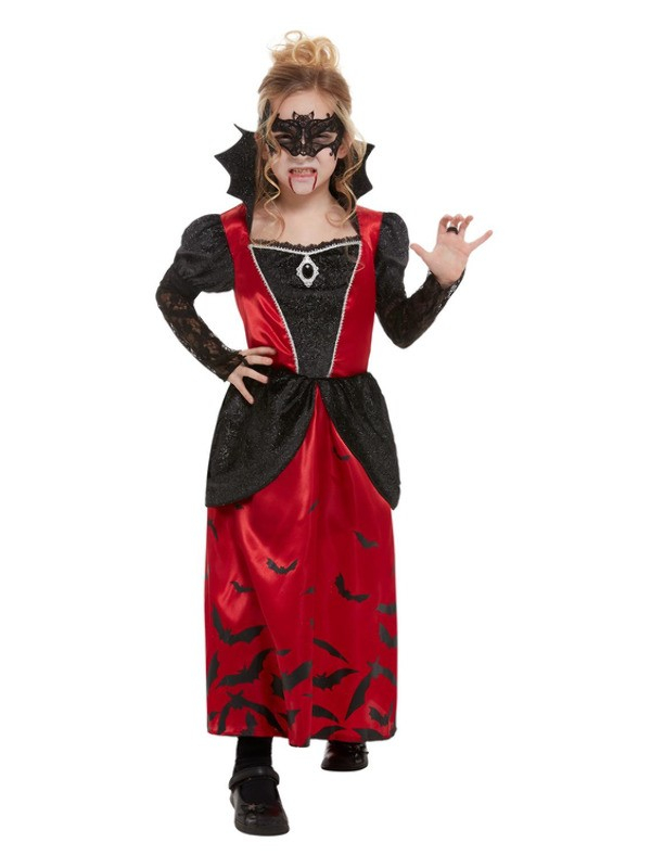 Déguisement de Vampire fille, rouge et noir (robe et loup pour les yeux)