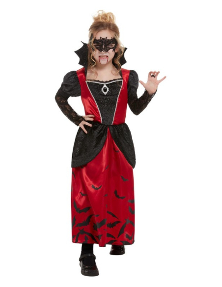 Déguisement de Vampire fille, rouge et noir (robe et loup pour les yeux)