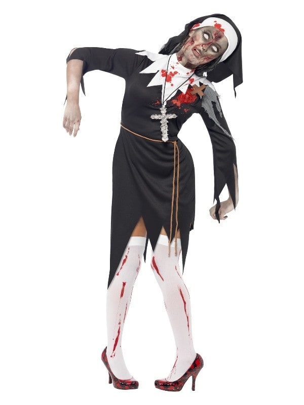 Déguisement Religieuse sanglante zombie, Noir (robe, blessure latex, ceinture corde & tiare)