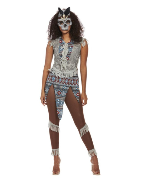 Déguisement de guerrière indigène sombre, Bleu (haut, pantalon et masque)