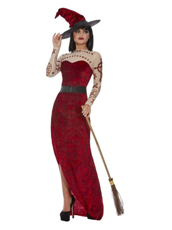 Déguisement de Sorcière Satanique, Rouge (robe, ceinture et chapeau)