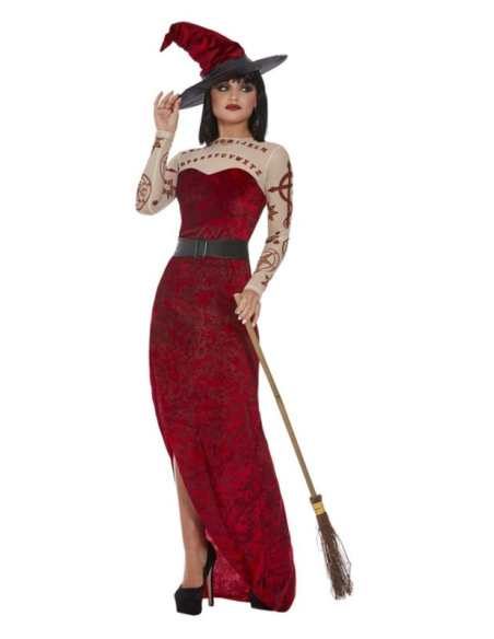 Déguisement de Sorcière Satanique, Rouge (robe, ceinture et chapeau)