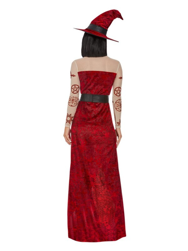 Déguisement de Sorcière Satanique, Rouge (robe, ceinture et chapeau)