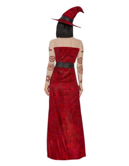 Déguisement de Sorcière Satanique, Rouge (robe, ceinture et chapeau)