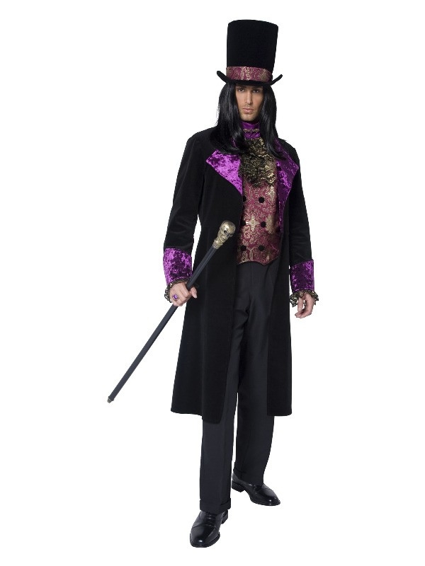 Déguisement comte gothique (longue veste avec gilet jabot attaché et chapeau haut de forme)