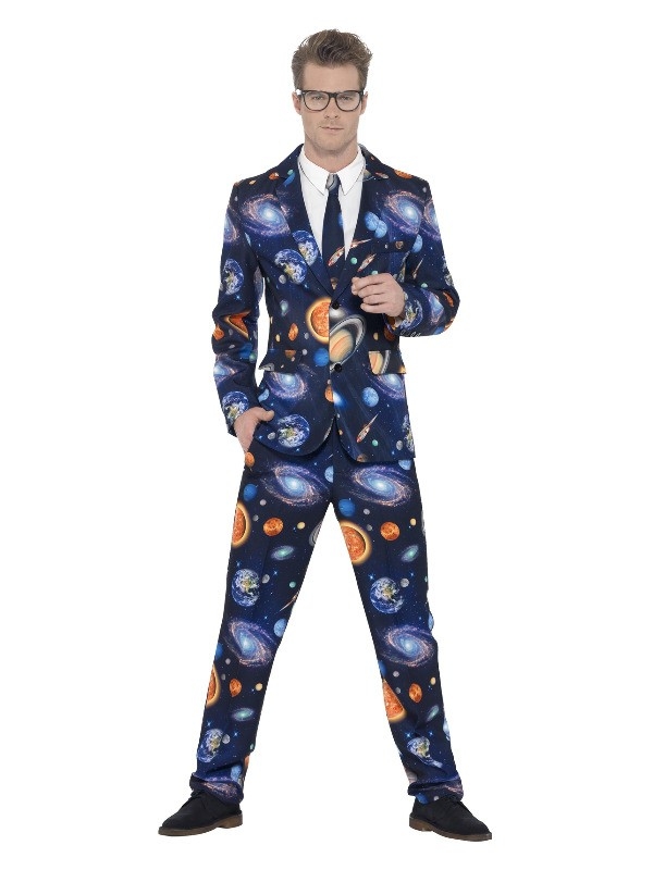 Costume Sexy homme bleu, motifs l'espace (veste, pantalon, cravate)