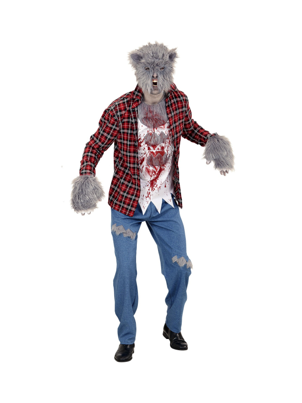 Déguisement LOUP-GAROU, Homme, rouge (chemise avec T-shirt, pantalon, gants, masque)