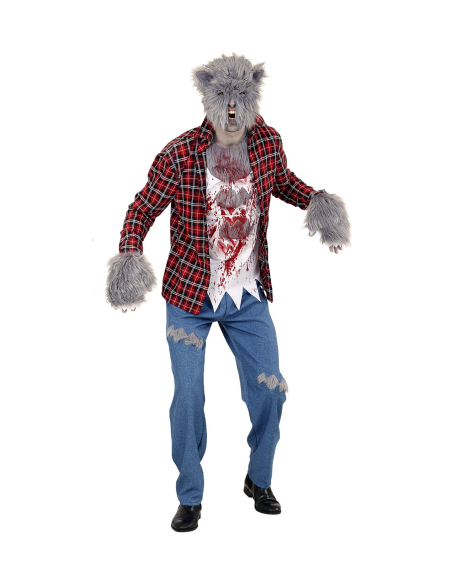 Déguisement LOUP-GAROU, Homme, rouge (chemise avec T-shirt, pantalon, gants, masque)