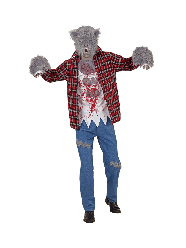 Déguisement LOUP-GAROU, Homme, rouge (chemise avec T-shirt, pantalon, gants, masque)