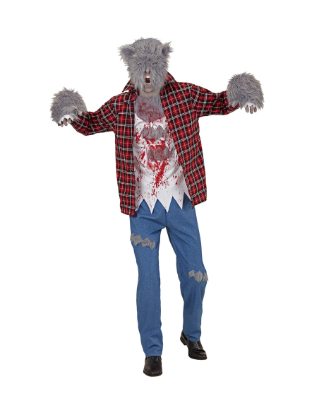 Déguisement LOUP-GAROU, Homme, rouge (chemise avec T-shirt, pantalon, gants, masque)