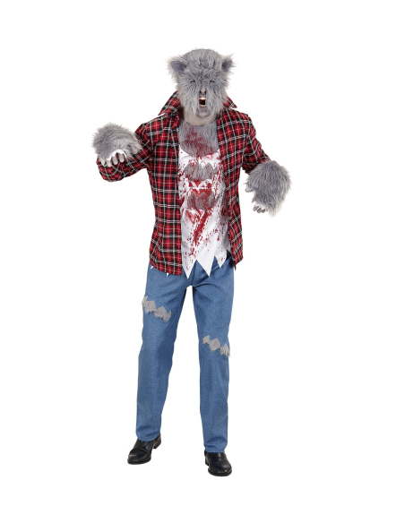 Déguisement LOUP-GAROU, Homme, rouge (chemise avec T-shirt, pantalon, gants, masque)