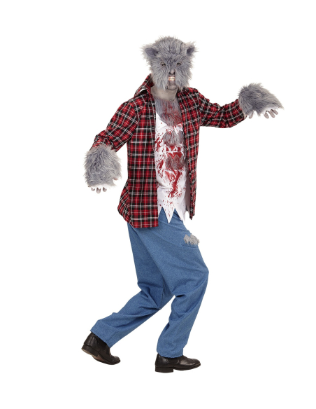 Déguisement LOUP-GAROU, Homme, rouge (chemise avec T-shirt, pantalon, gants, masque)