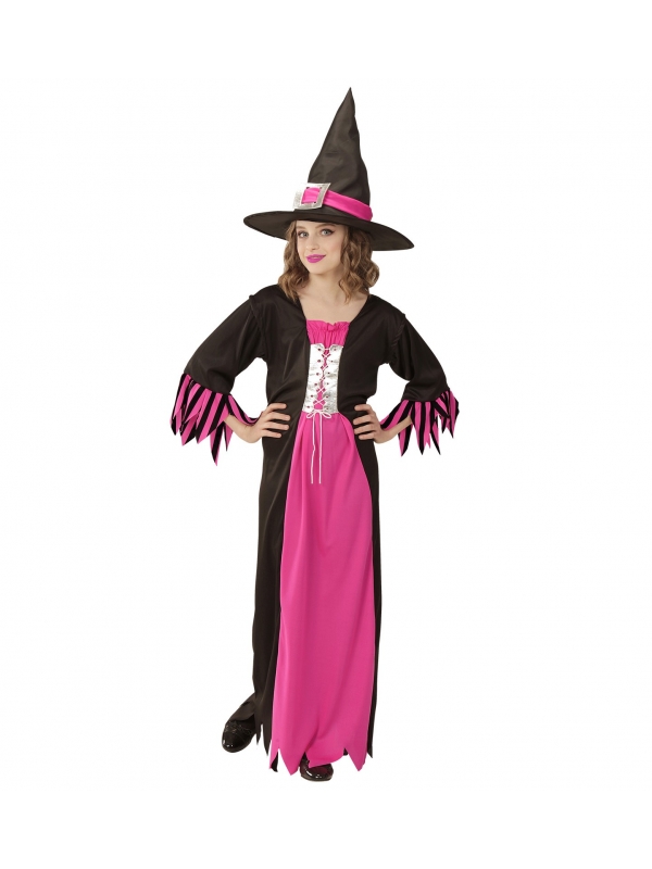 Déguisement sorcière fille, rose et noir (robe, chapeau)