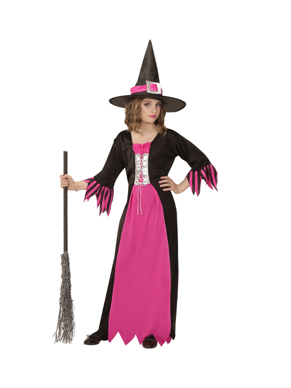 Déguisement sorcière fille, rose et noir (robe, chapeau)